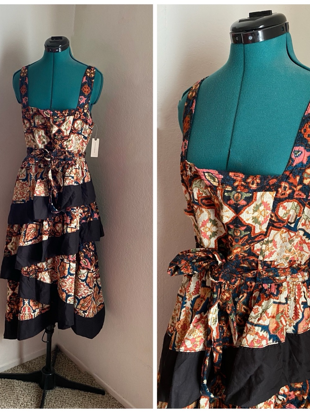 NWT Anthropologie Tiered Floral Print Midi Dress with Black Panels Size M